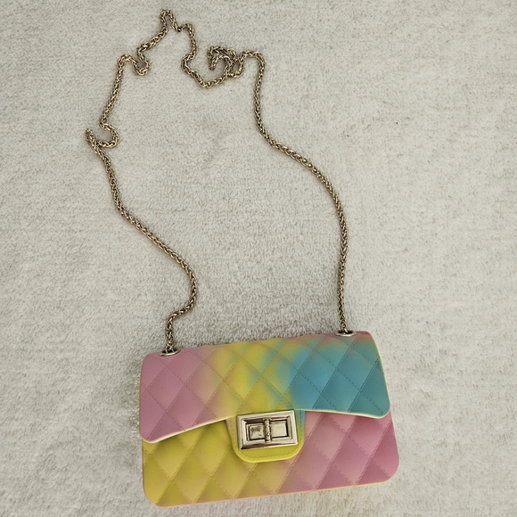 NEW Rainbow Quilted Colorful Gold Chain Bag Pastel Y2K Girlhoodcore Vegan - Picture 2 of 10
